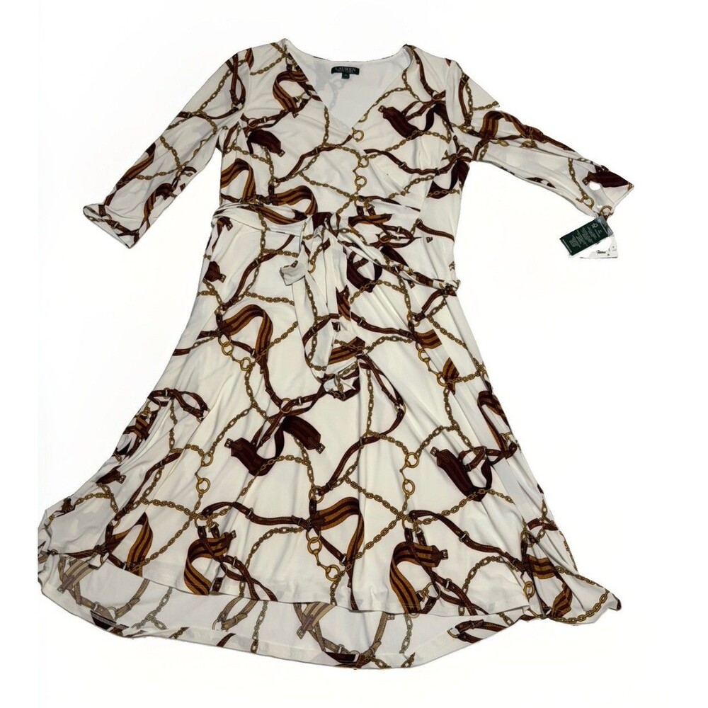 Lauren Ralph Lauren Belting Print Wrap Dress Cream Gold 16 NWT